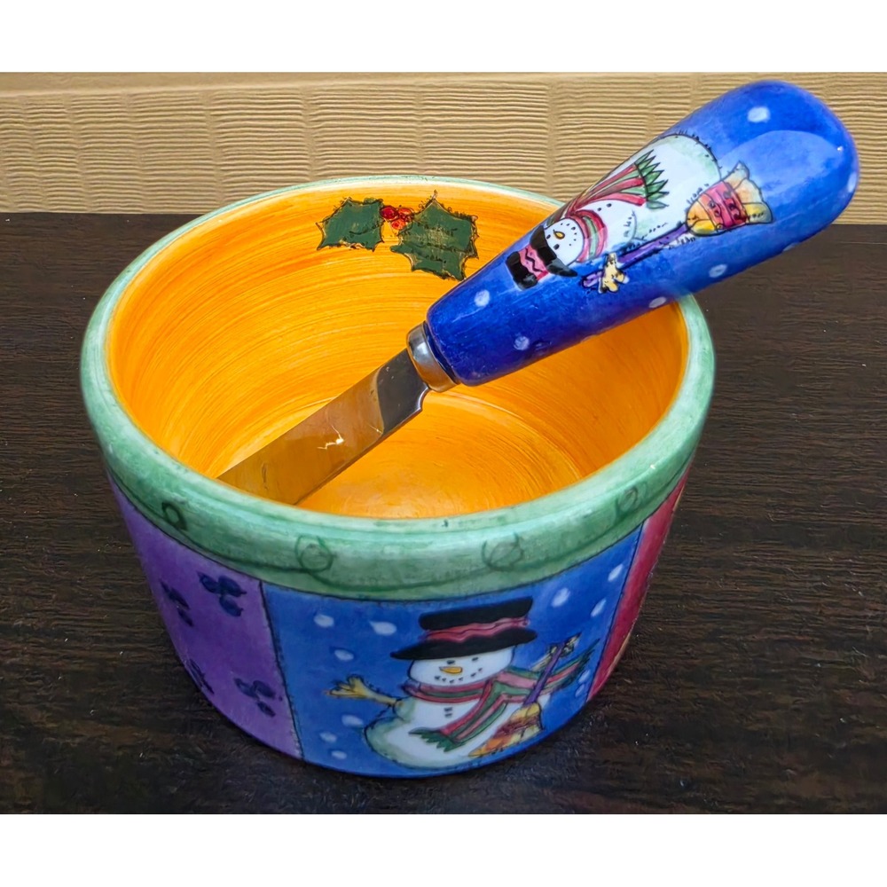 Sango Sue Zipkin Sweet Shoppe Christmas Snowman Dip Bowl and Spreader SetCeramic
